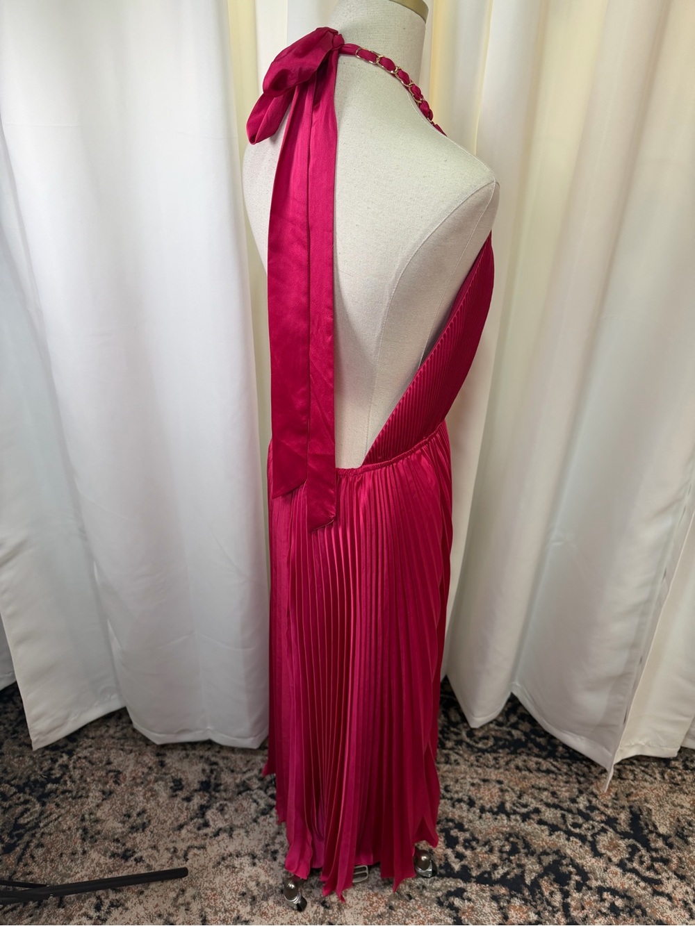 Milly ‘Kora’ Fuchsia Pink Accordion Pleated Satin Halterneck Maxi Dress Size 10 - Picture 13 of 16